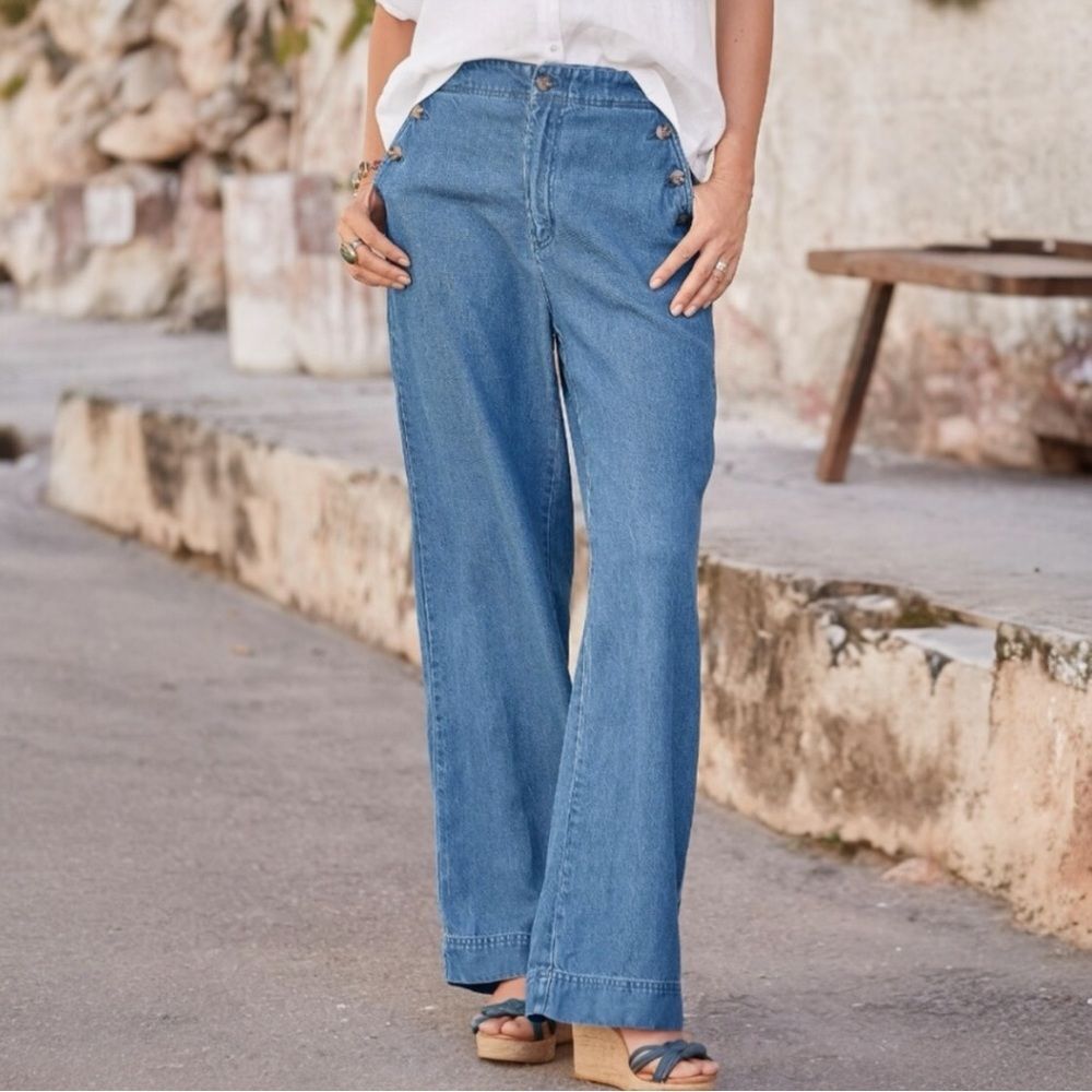 Sundance Oaklee Wide Leg Pants Lyocell Chambray Sailor Button High Rise Size 8 - Picture 6 of 13